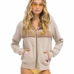 Aviator Nation Women's Beige Stripe Hoodie Zip Up Top Small